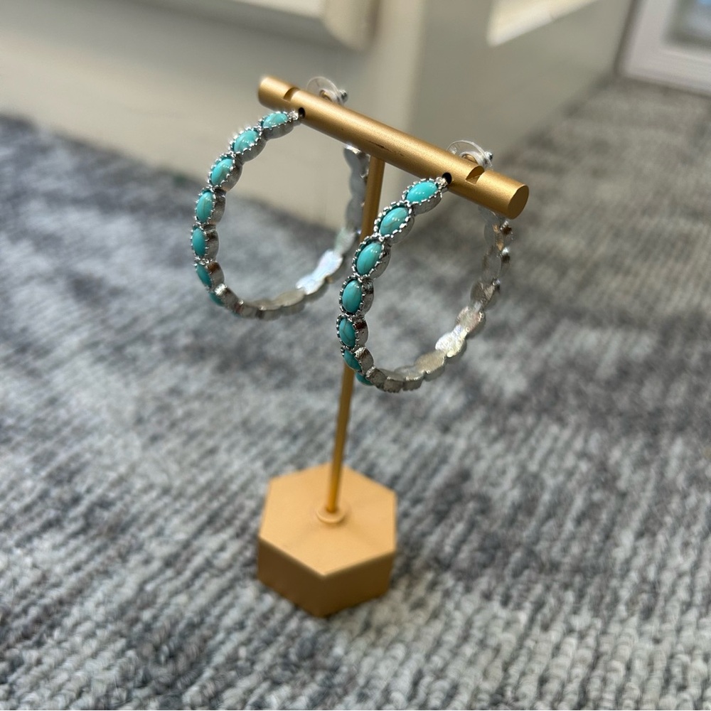 Turquoise Silver Rock Stone Inlay Hoop Southwest County Post Earrings✨ - Picture 3 of 8